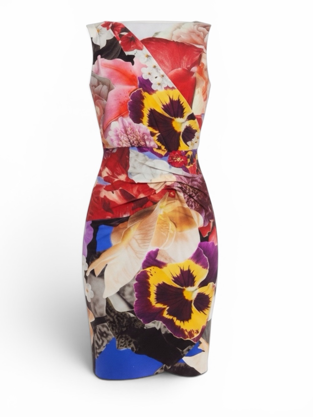 NWT Roberto Cavalli Araki Lycra Sheath Dress Floral Print + Metal Flower Pin XXL